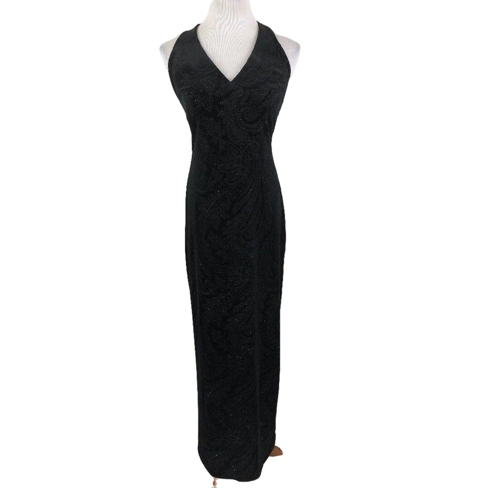 City Triangles Evening Halter Dress Column Velvet Glitter Backless Black Small